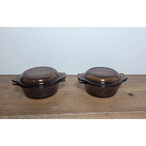 Anchor Hocking Fire-King Amber Glass 12oz Lidded Casserole Dish Set of 2 Brown